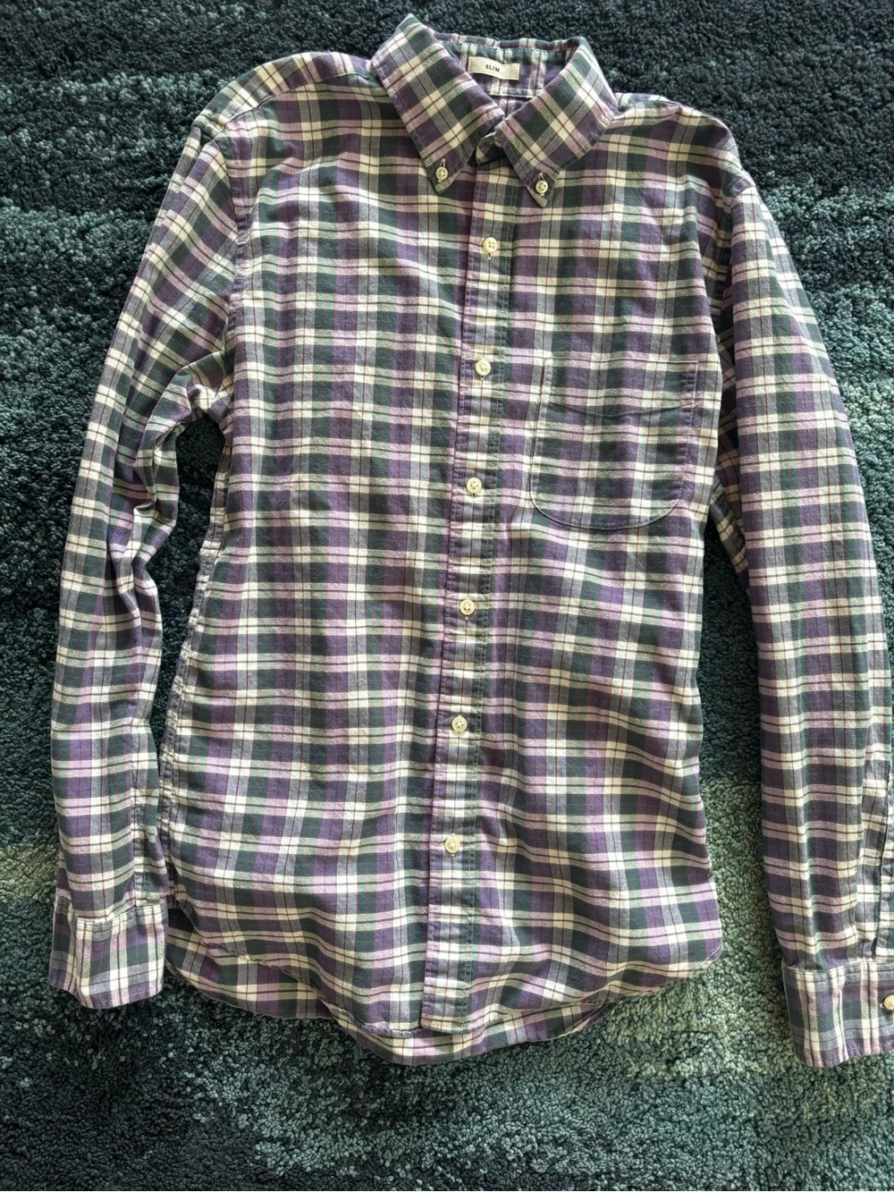 J. crew 100% cotton plaid green purple men’s button down collared oxford S slim
